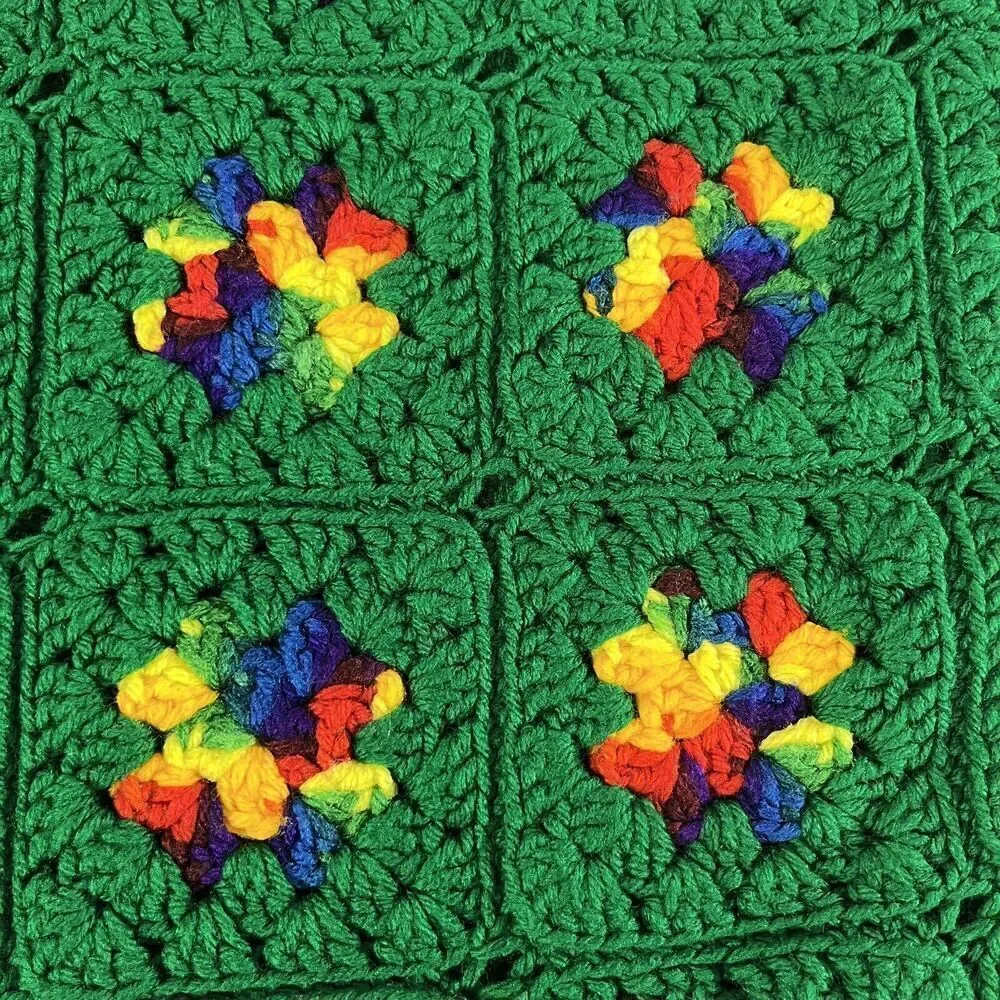 Vintage Rainbow Granny Square Thick Afghan Blanket Crochet 59